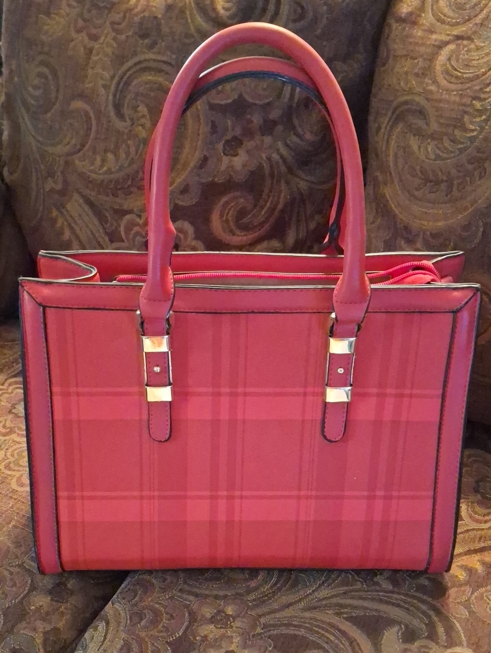 Classic Red Plaid Structured Tote with Gold Accents